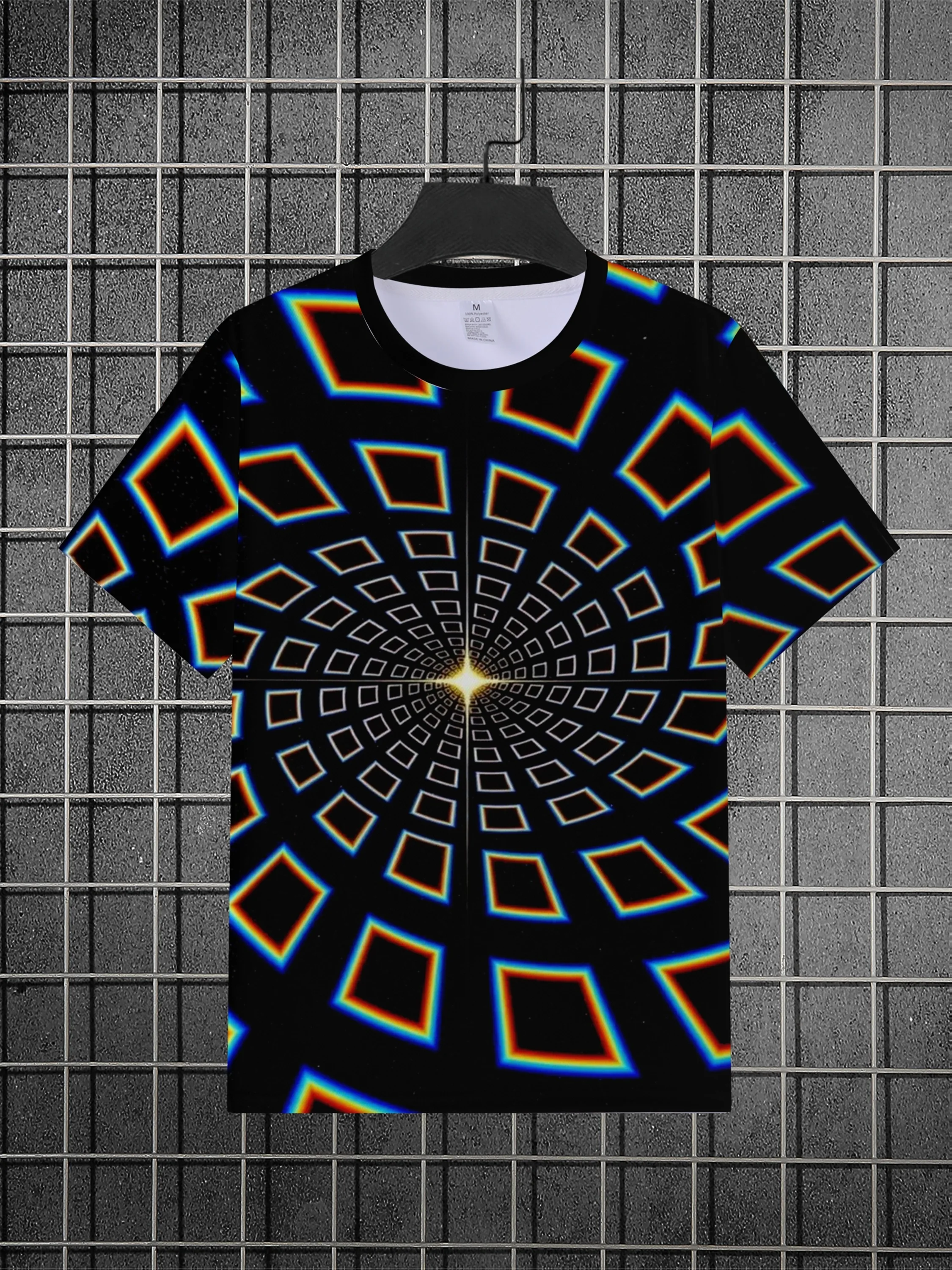 Men's 3D Vortex Square Optical Illusion Print T-Shirt O-Neck Short Sleeve Casual Streetwear Tops