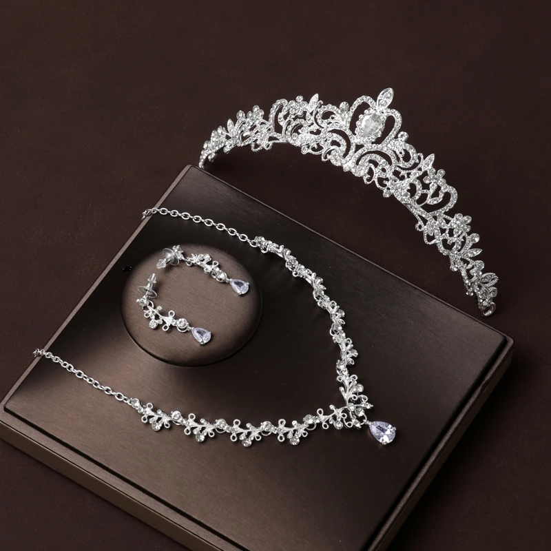 Itacazzo Bridal Headwear Silver-color Retro Style Classical Ladies' Elegant Crown Necklace Earrings 4 Pcs Set ​For Bride