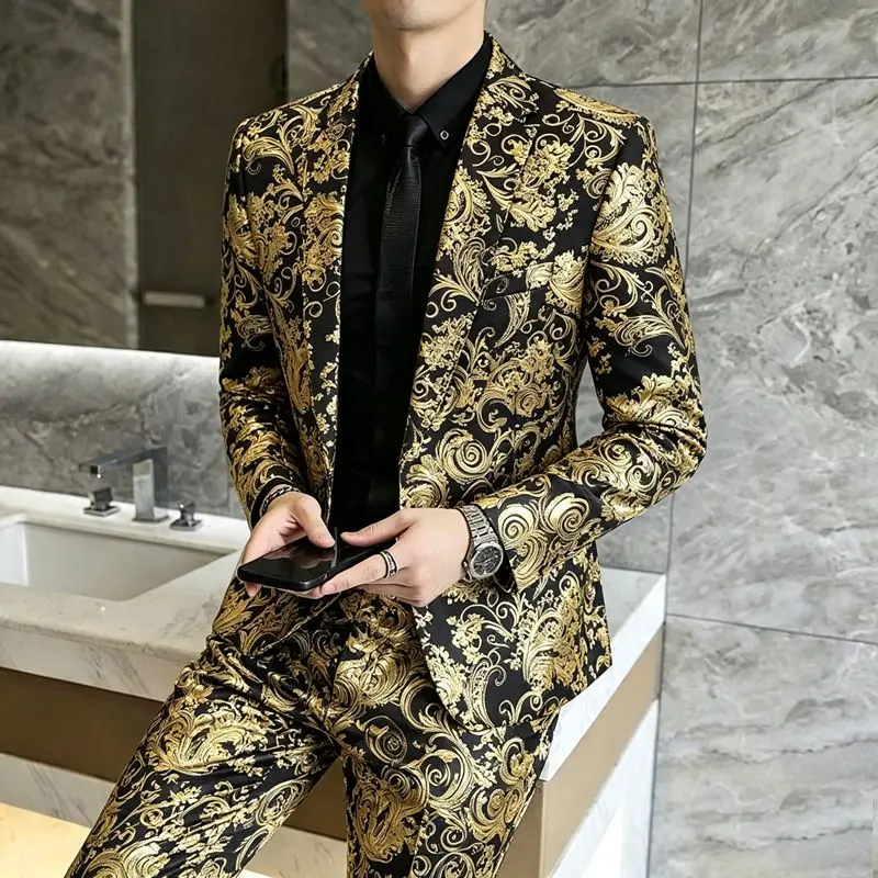 Herrenanzüge, modische Anzüge für Hochzeiten, lässige Slim-Fit-Anzüge, Friseuranzüge, Herrenanzüge im koreanischen Stil, Anzüge für Bankette, Business-Anzüge, Goldprägung, Anzüge – Detail 11