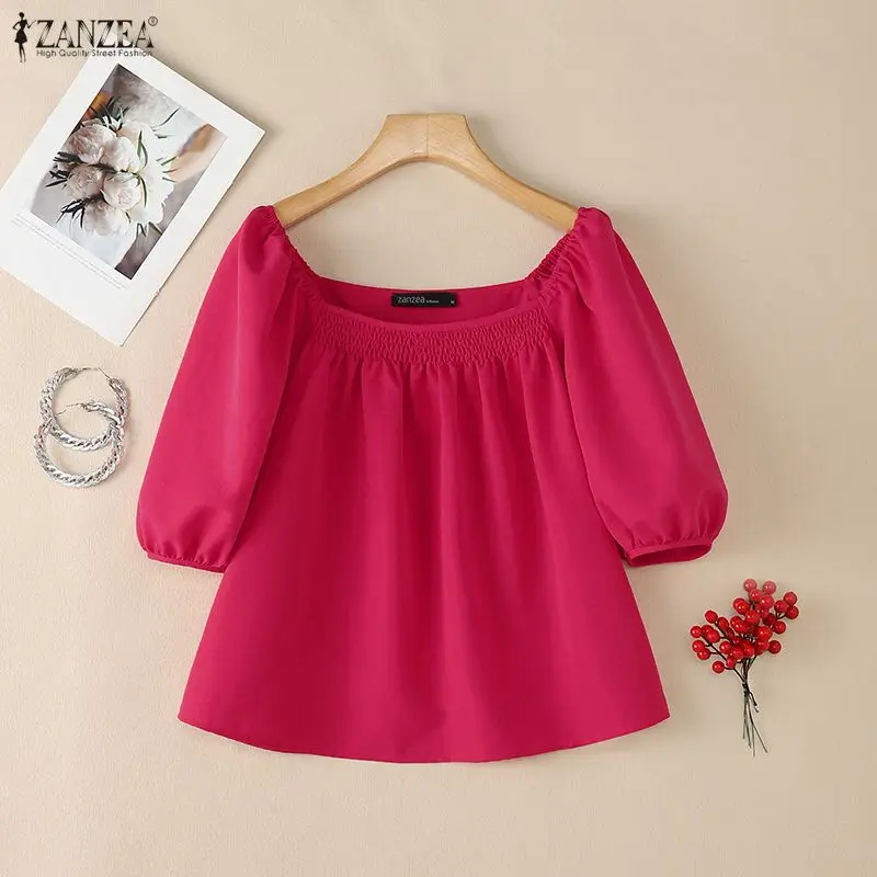 

Летние женские топы ZANZEA 2026: Элегантная однотонная блузка с квадратным вырезом и короткими рукавами-фонариками, повседневная стильная туника для работы и отдыха