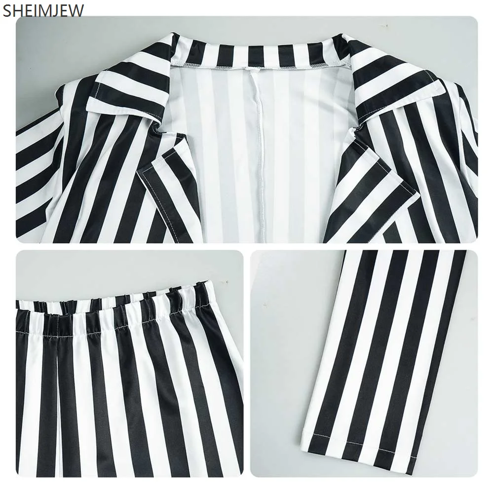 Halloween Horror Underworld Master Cosplay Costume Adult Women Black White Vertical Striped Fantasy Suit Carnival Party Dress Up