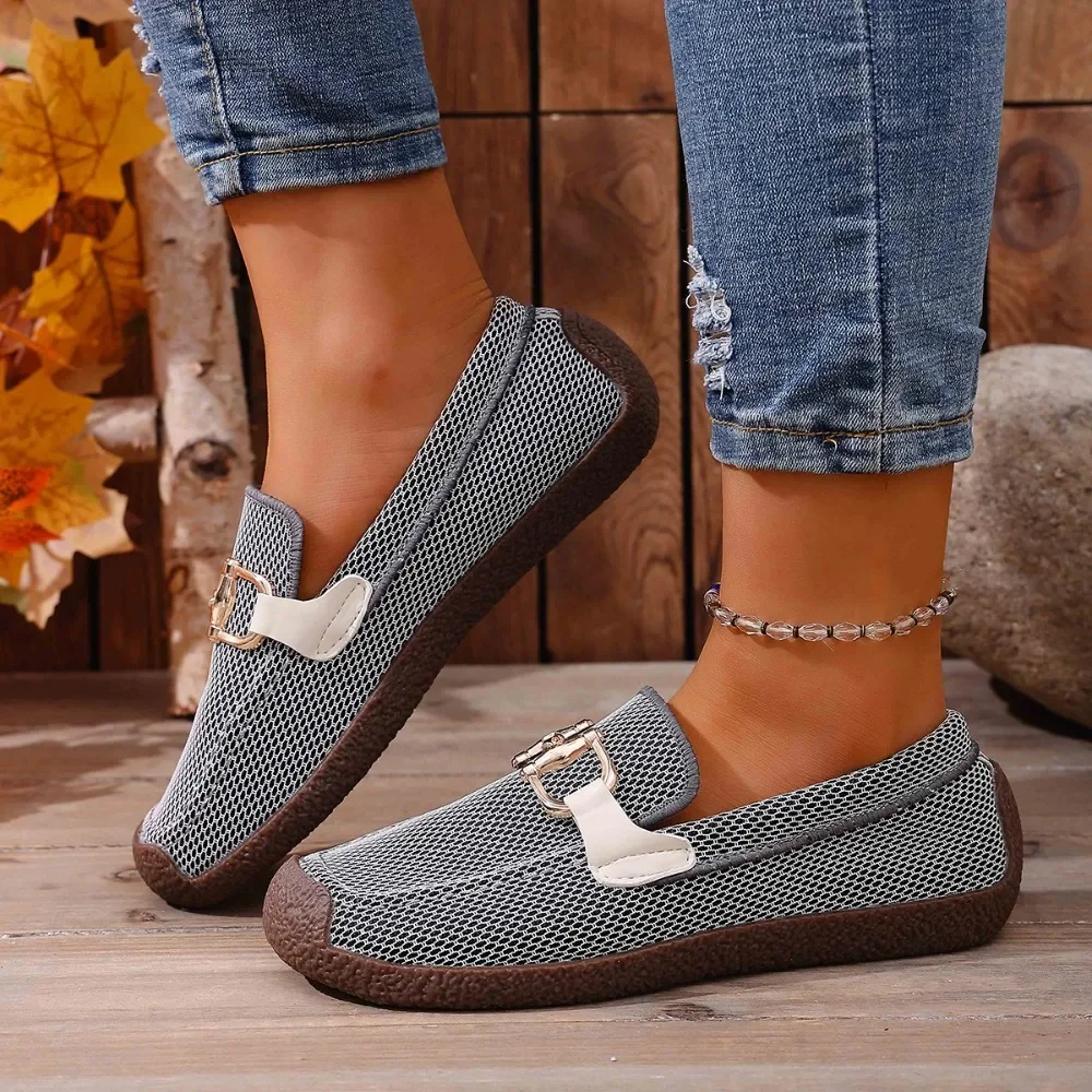 Women Breathable Mesh Slip on Loafers Metal Buckle Decor Flat Shoes Ladies Lightweight Casual Walking Shoes