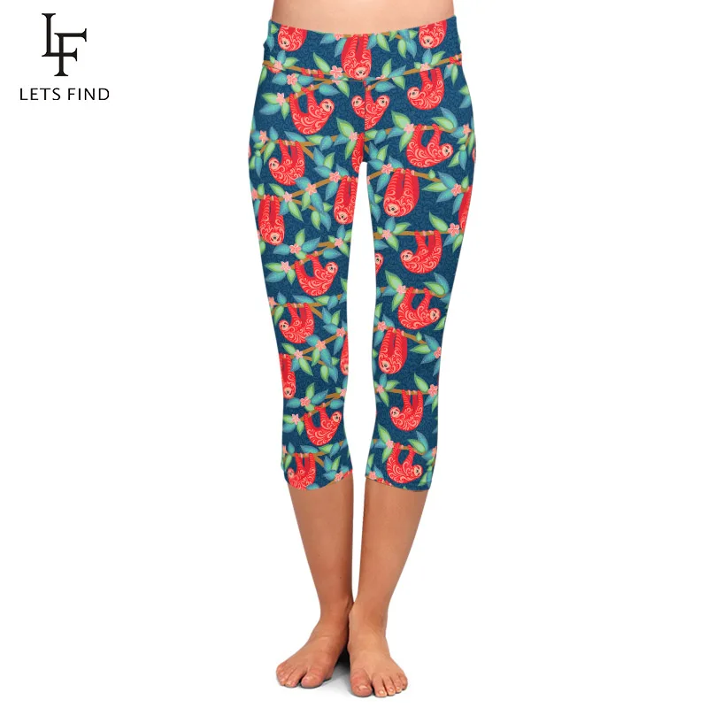 Letsfind alta quaility mulheres preguiça bonito com estampa floral meados de bezerro leggings de cintura alta fitness magro capri leggings