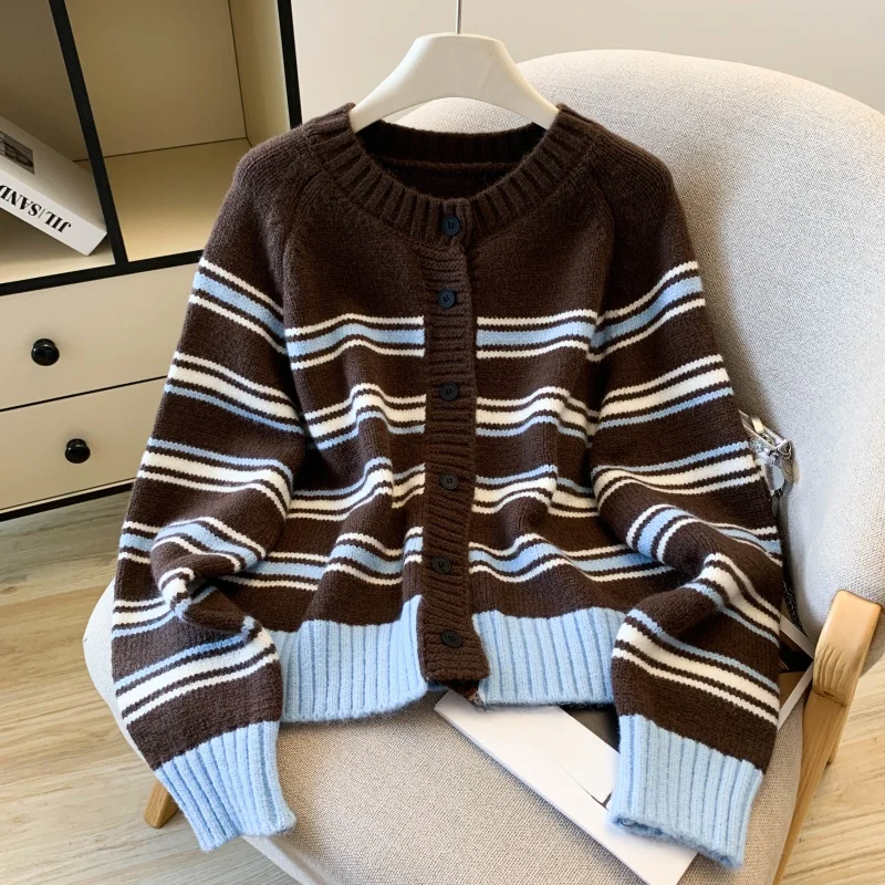 Korean Style Casual Fashion Color Block Striped Sweater Loose round Neck Knitted Cardigan Outerwear Autumn Winter Women's Top