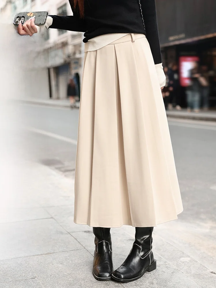 

Белая плиссированная юбка миди персикового цвета для женщин, свободного кроя, в корейском стиле, для повседневной носки, из полиэстера, с дизайнерской талией, А-силуэт