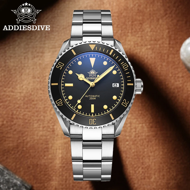 ADDIESDIVE Men Watch Business Vintage Leather C3 Super Luminous 20Bar Waterproof Sapphire Glass Automatic Mechanical Steel Watch