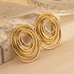 Stainless Steel Oval Line Stud Earrings Exaggerated Gold Color Party Earrings Women Simple Jewelry Accessories