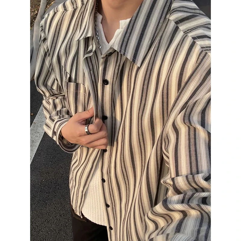 Japanese Retro Vertical Striped Shirt Man Clothing 2026 Spring Fashion Front Pocket Long Sleeve Loose Men's Casual Shirts 5XL-M