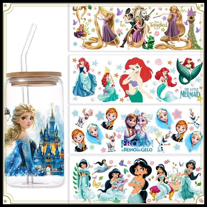 Waterproof decorative decal Princess Dtf Stickers UV Crystal DIY Stickers Ariel Elsa Belle Water Cup Stickers