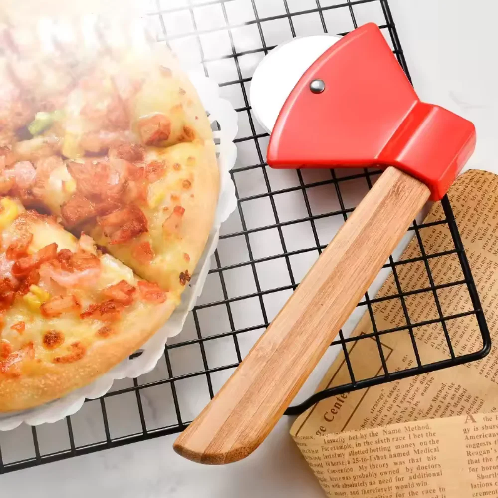 Creative Axe Shaped Stainless Steel Pizza Cutter With Wooden Handle For Home Kitchen Baking Pizza Slicing Waffle Cutting Tool