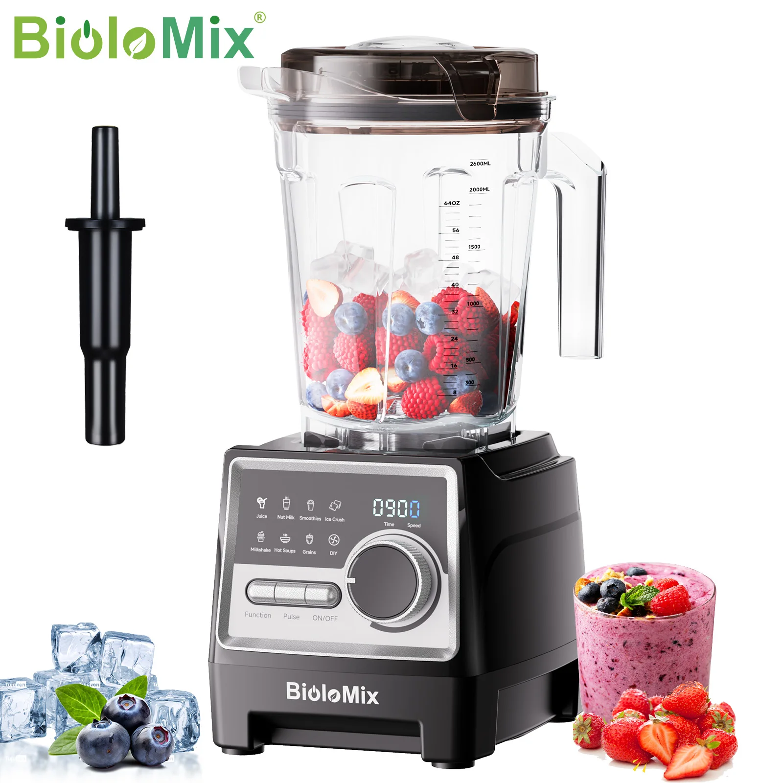 BioloMix 1500 W professioneller Mixer, 2,6 l BPA-freies Glas mit 6 Klingen, 7 Programmeinstellungen für Smoothies, Shakes, Nussmilch