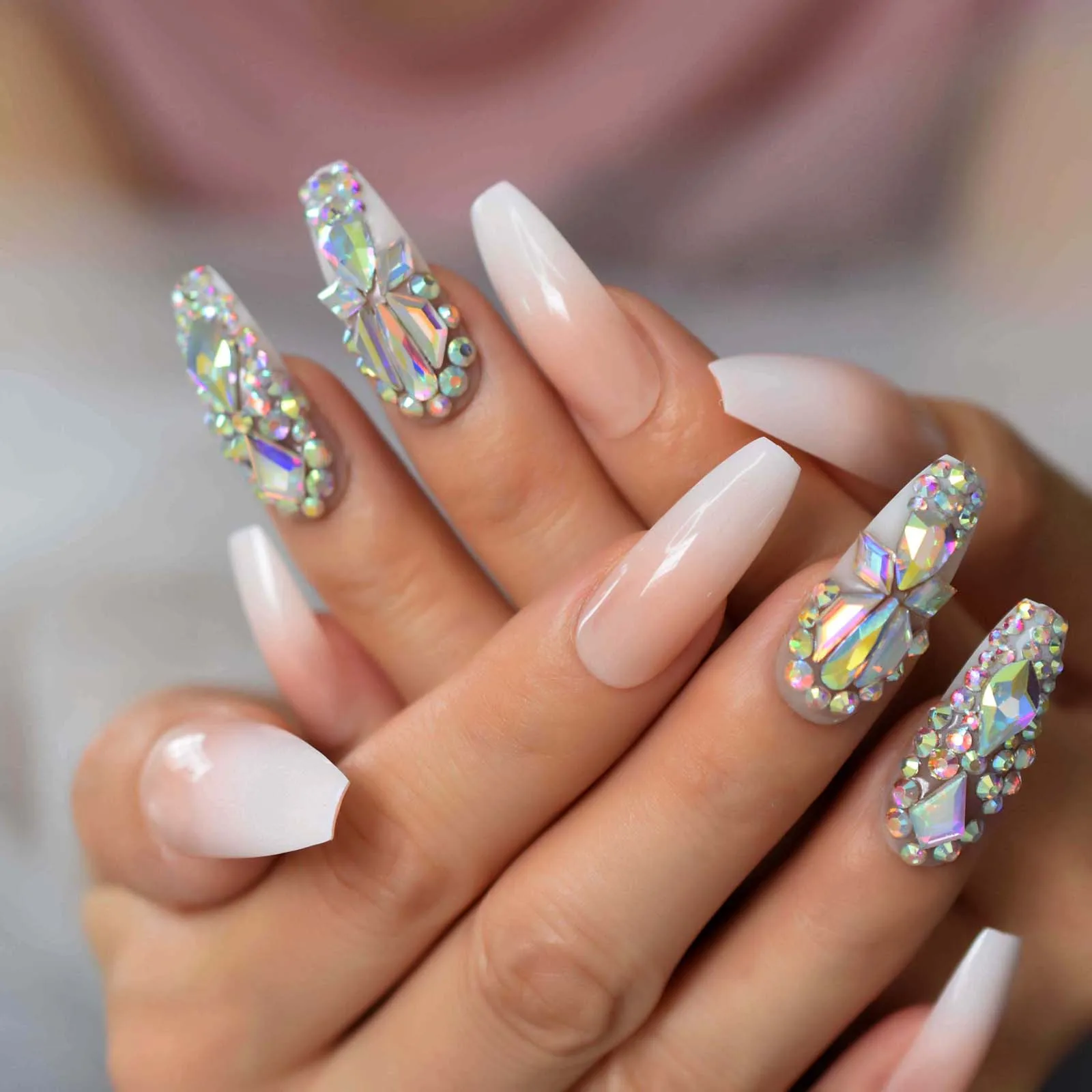 3D 블링 프레스 네일 세트, 긴 발레리나 관 옴브레 인조 온글, 라인석 하이 샤인 젤 네일, 웨딩 휴가 여성용