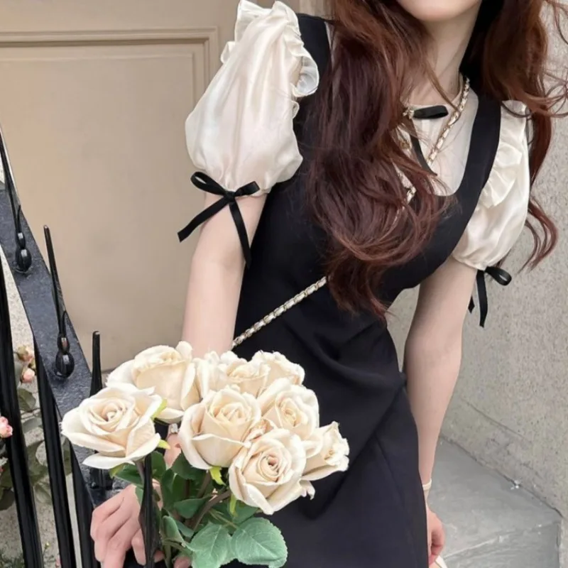 여성용 패치워크 반팔 미니 드레스, 우아한 기질, 한국 스타일, 캐주얼 유행 스트리트웨어, 활 프릴 슬림, 여름