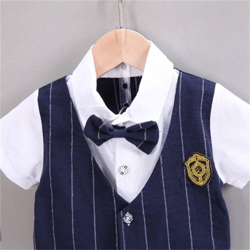 2PCS Baby Set Children\'s Summer Gentleman Style Bowtie faux two-piece Vest Polo Short Sleeve Shorts Set