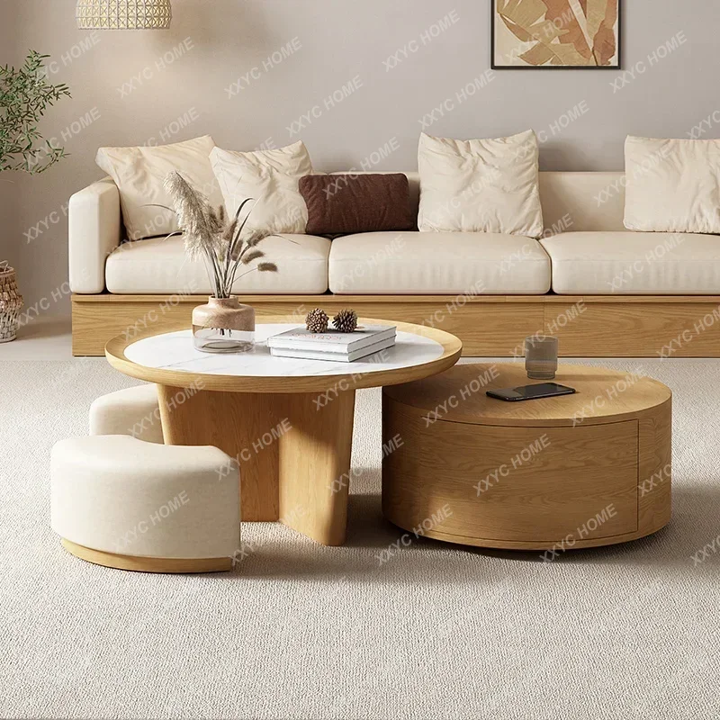 Nordic solid wood small apartment simple modern rock slab round tea table combination