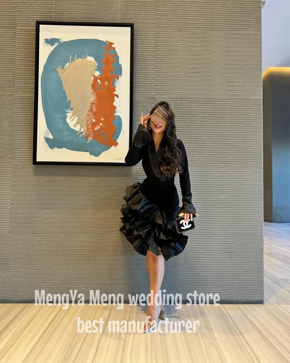 Elegante sexy vestidos de cocktail preto cetim babados a linha com decote em v na altura do joelho vestido elegante vestido de festa mulher vestidos personalização