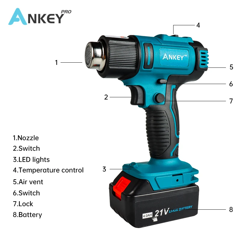 Pistola de calefacción inalámbrica, temperatura ajustable, batería Makita de 18v, 2 boquillas, secador de aire para soldar