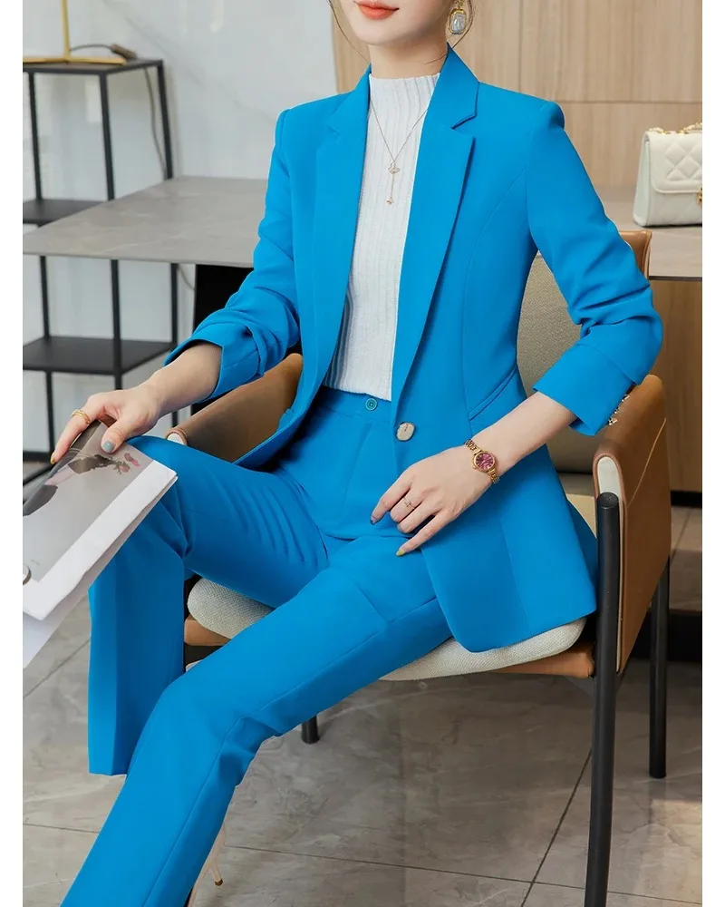 Women Office Ladies Blazer Pant Suit Female Business Work Wear Jacket+Trouser Green Blue Apricot Black Formal 2 Piece Set Coat