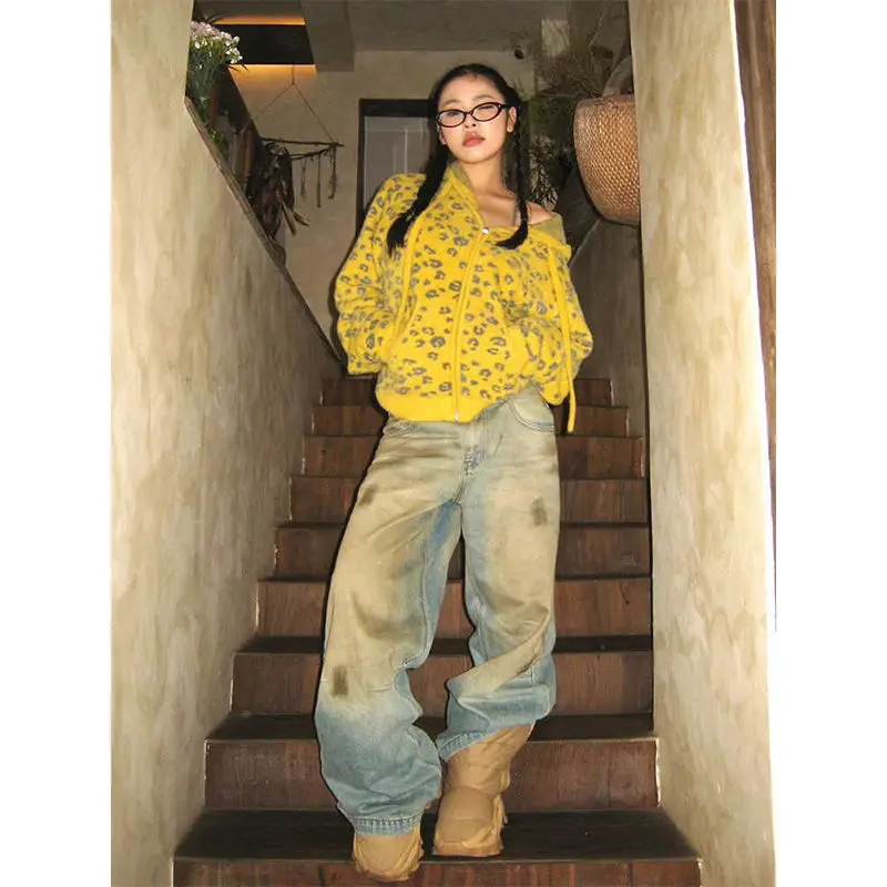 

Leopard Print Hooded Sweater Cardigan Women's Autumn Winter Knitted Sweater Street Style Female Casual Long Sleeved Tops