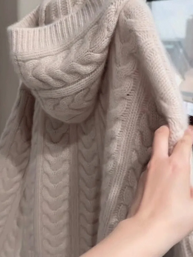 韓国風スリーブゆったりロングスリーブレディースニット帽子コートツイストデザイン冬セーターカジュアルトップファションセンセーション