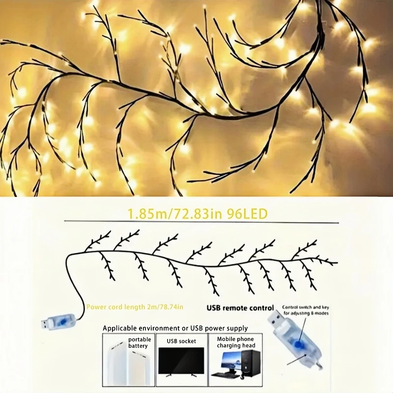 Nice 72/96Led Lights,8Moeds Remote Control USB Powered Bendable Willow Vine Light, For Wall Home Decor Indoor Outdoor Night Ligh