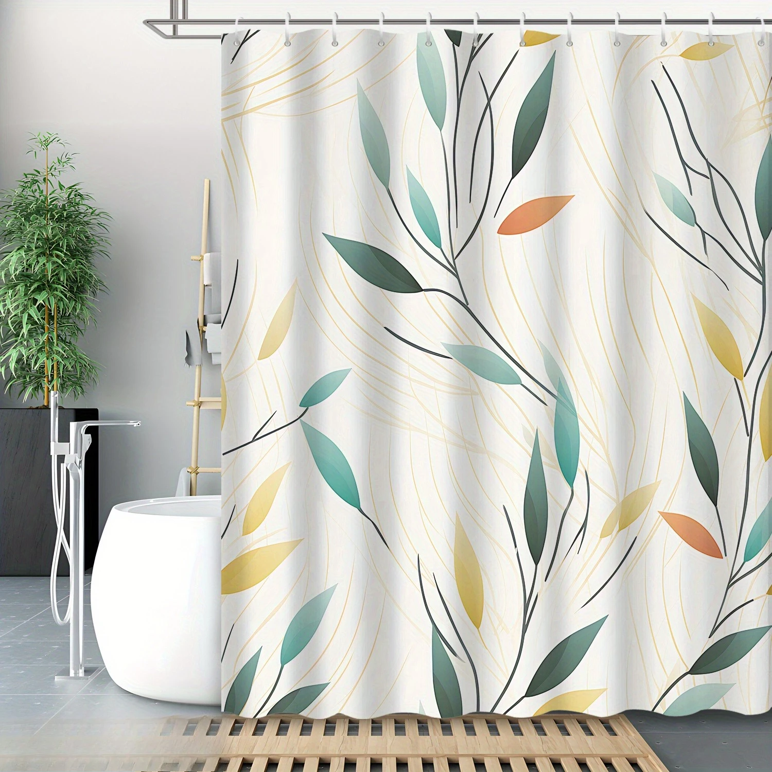 

1 шт. современная занавеска для душа с принтом листьев, полиэфирная ткань, можно стирать в машине, подходит для украшения ванной комнаты