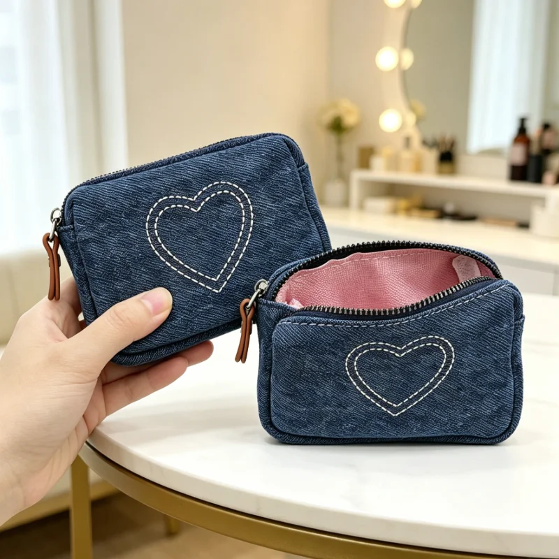 Minimalist denim card holder with heart design, multi-purpose pouch for ID, earphones and coins, portable small bag