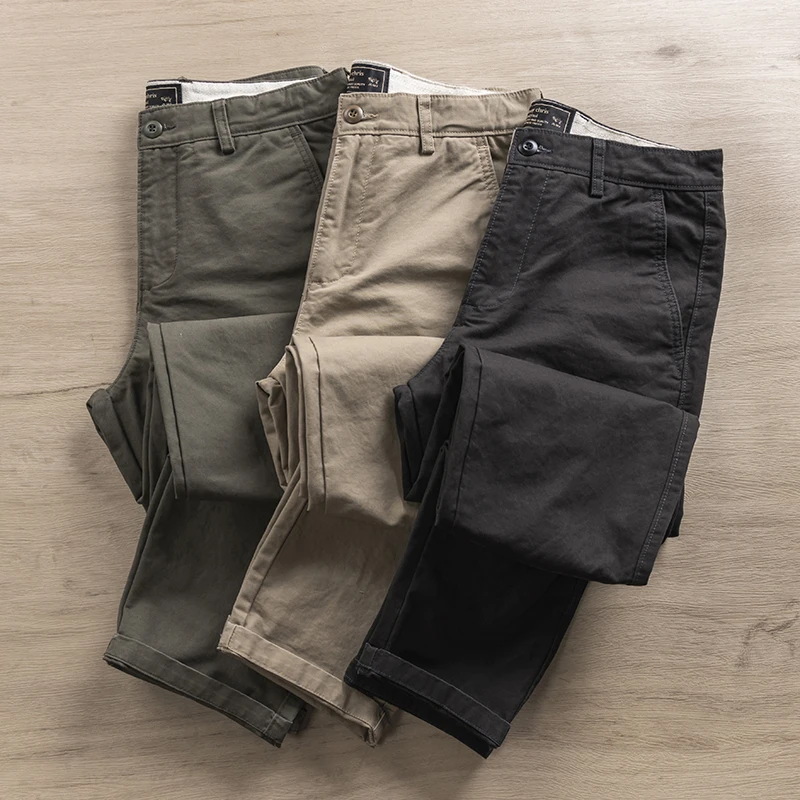 Pantalones informales gruesos y pesados para hombre, pantalones rectos ajustados 100% algodón para primavera y otoño, ropa de trabajo americana, estilo resistente