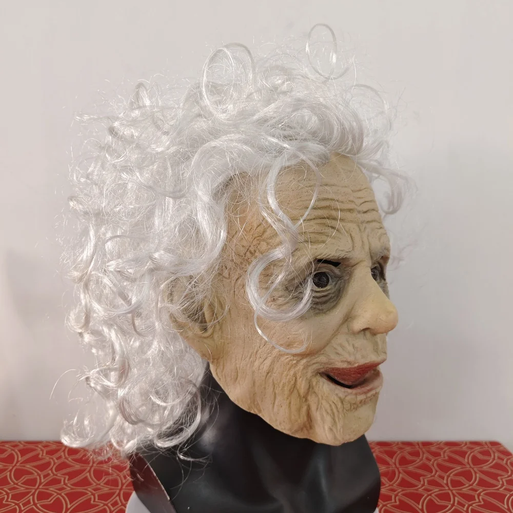 ハロウィン ラテックス ホラー 老婦人マスク ホワイト ショートヘア 面白い 動く口 おばあちゃん フルヘッドマスク いたずら リアルなキャラクターマスク