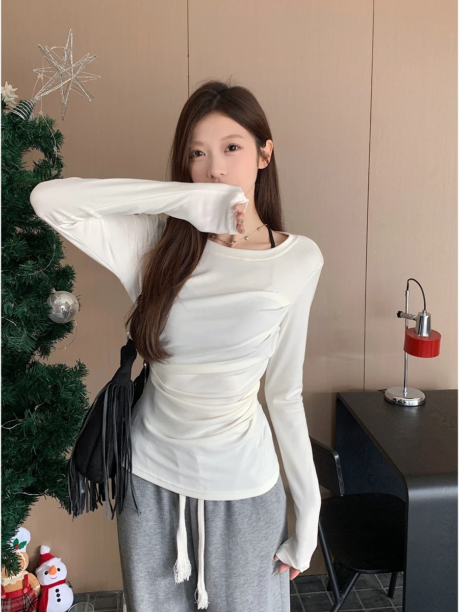 تي شيرت نسائي طويل بقصة ضيقة من Sve بطبقة أساسية، تصميم كوري غير متماثل، ملابس داخلية مريحة تسمح بالتهوية باللون الأبيض #3