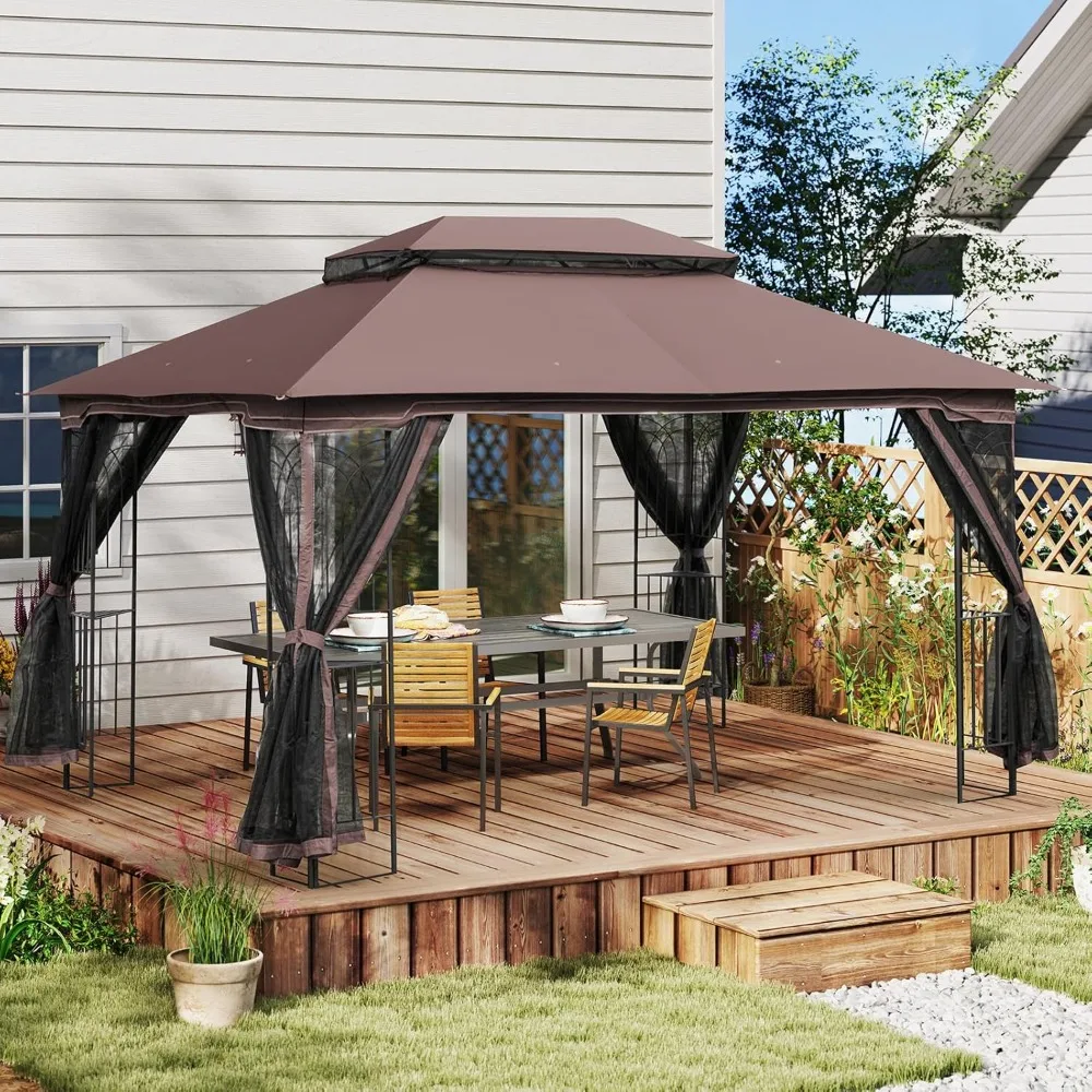 

Outdoor Gazebo 10'x13', Heavy Duty Canopy Tent with Metal Corner Frame Shelves & Soft Double Roofs, Party Tent Shelter