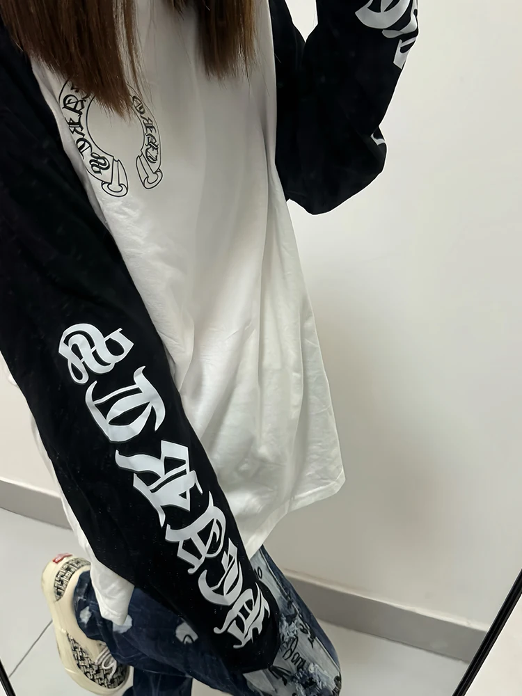 Retro American Trendy Brand Sanskrit Print Shoulder Insert Long Sleeve Women's T-shirt Loose Casual Base Shirt Top