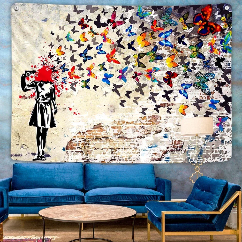 

Banksy Butterfly Brains Girl Graffiti Art Tapestry Wall Hanging Bohemian Living Room Aesthetics Home Background Yoga Cloth Decor