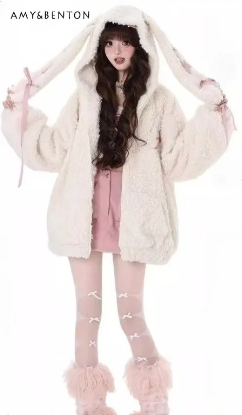 

2025 Winter New Women's Sweet Bunny Ear Tie Lamb Wool Hooded Coat Thickened Padded Warm Loose Plush Cotton Jacket