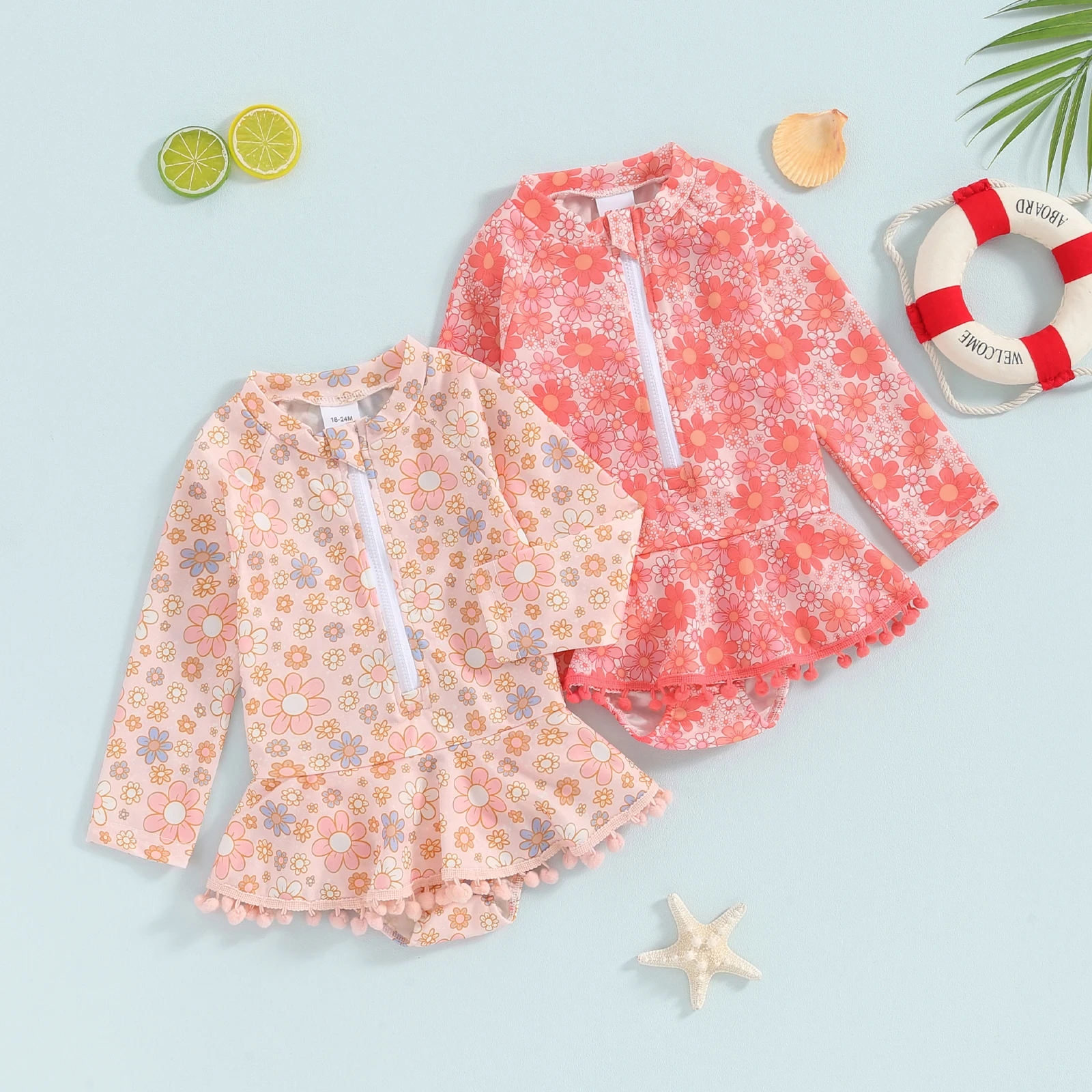 2024 New Toddler Baby Girl Summer Swimsuit Cute Floral Print Long Sleeve Rash Guard Bathing Suit Toddler Swim Sportswear Dress