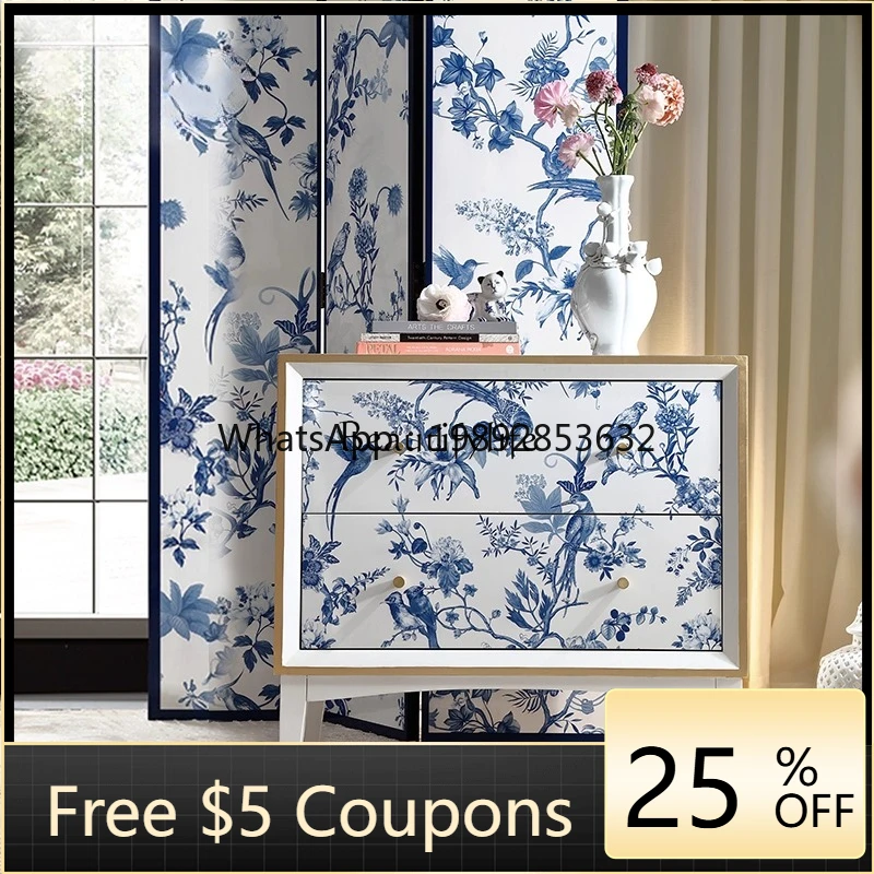 

W2 Blue and white porcelain white solid French antique multi-purpose entrance cabinet storage Chinese style decorative cabinet