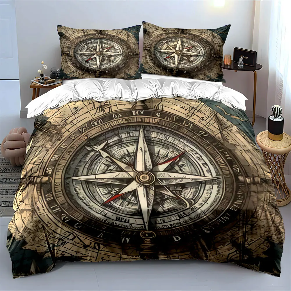 Vintage Nautical Compass Decor Set Soft Skin-Friendly Bedding Set Includes 1 Duvet Cover And 2 Pillowcase, Gift
