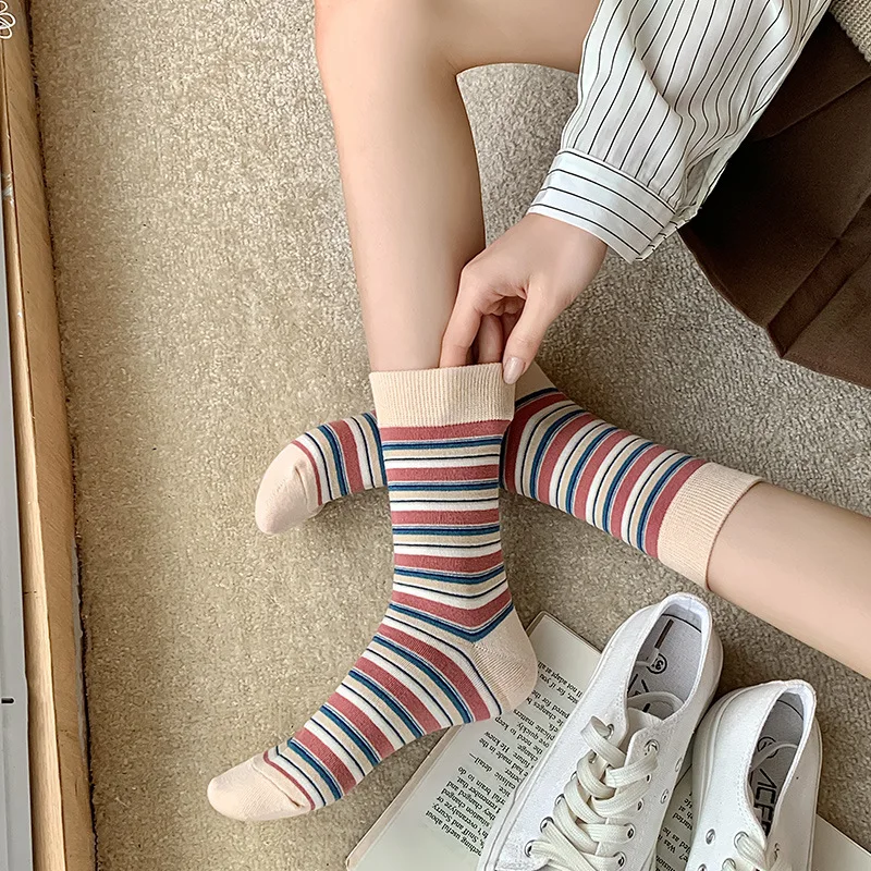 Socks Women Multicolor Striped Casual Harajuku Hip Hop Skateboard Sports Socks College Style School Girls Cute Cotton Long Socks