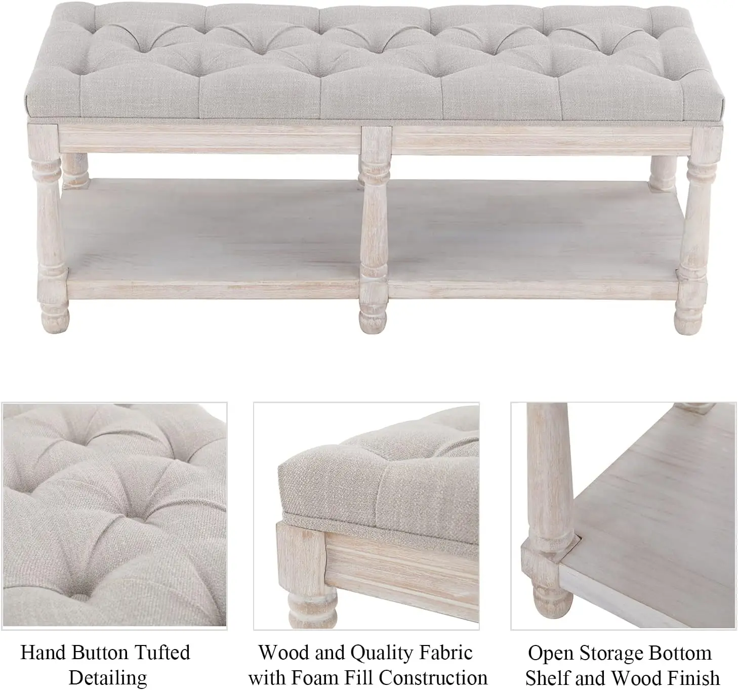 Century getuftete Aufbewahrungsbank mit Regal, mit Leinen gepolsterter Bauernhaus-Eingangshocker, Beige