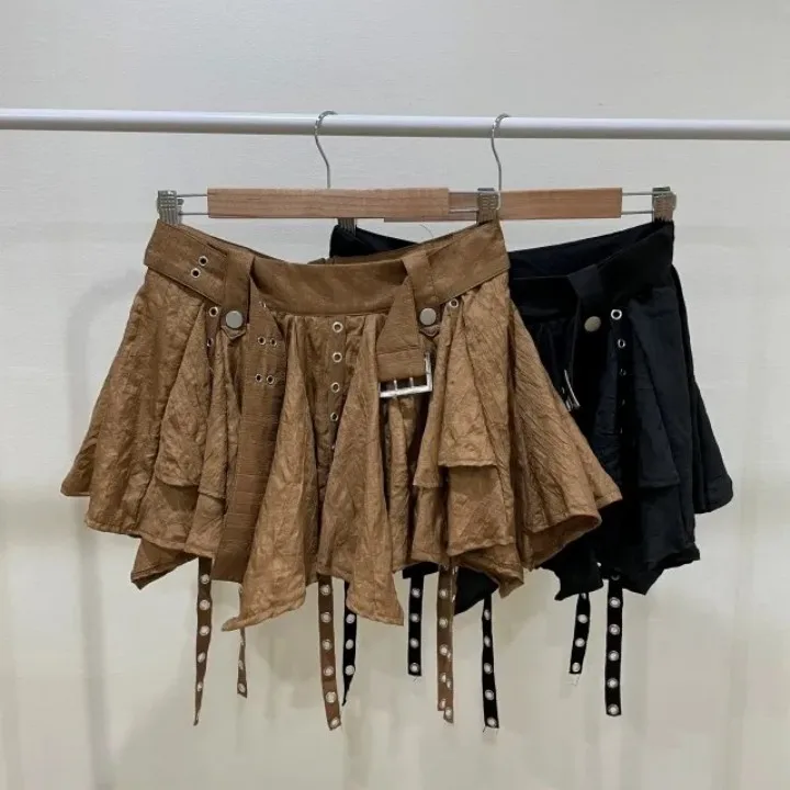 West Retro Bohemian Style Maillard Women Crumpled Layer Mini Skirt with Belt Strap Short Skirt Grunge E-Girl Y2K Acubi Outfit