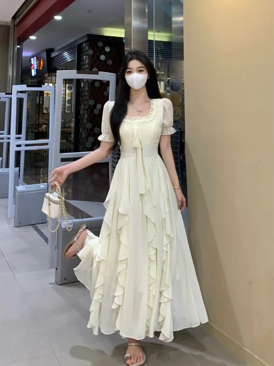 

plus Size Women's Gown with Gentle Wooden Splicing Square Collar ort Sve Long Dr Summer New Sle Waist Cinching...