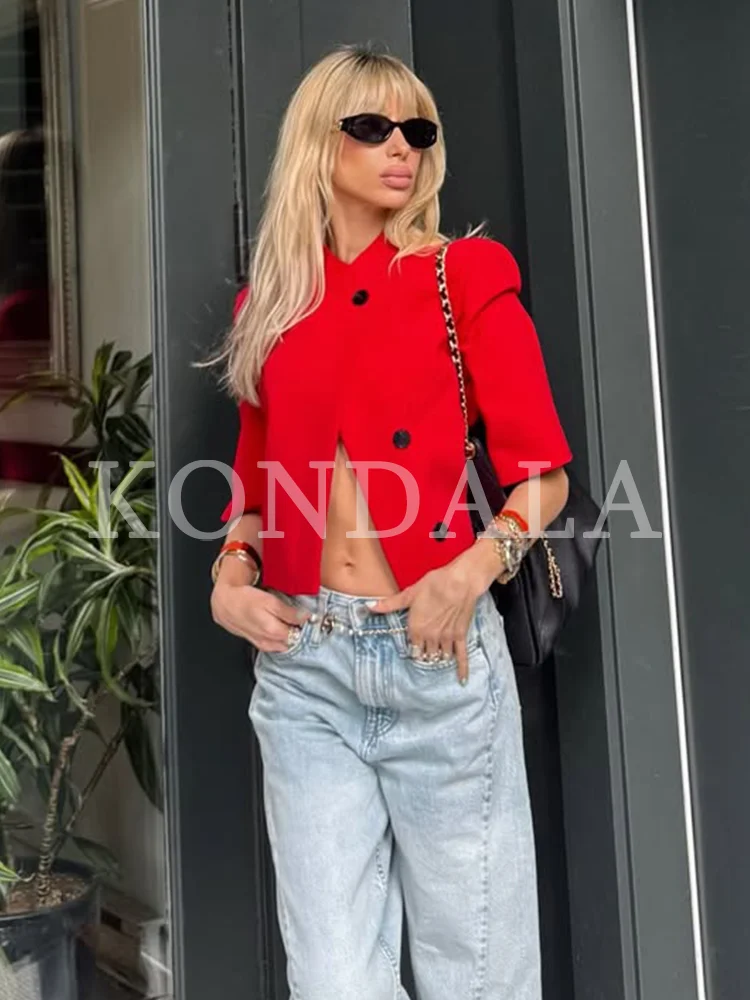 KONDALA Damen High-Street Roter Kurzer Blazer Eleganter Schicker Kurzarm-Blazer Neu 2026 Sommer Trendiger Freizeit-Blazer für Frauen – Detail 3