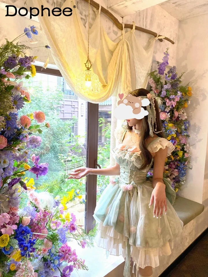 

Little Flower Fairy Platycodon Lolita Princess Dress Women Summer Short Dresses Sweet Trailing Dress Green Fluffy Dresses