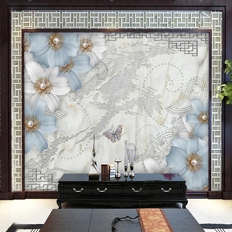 Custom 3D Wallpaper Little Fresh 3D Pearl Lily Butterfly Silver Murals Living Room Bedroom Backdrop Home Decor Art Wall Paper