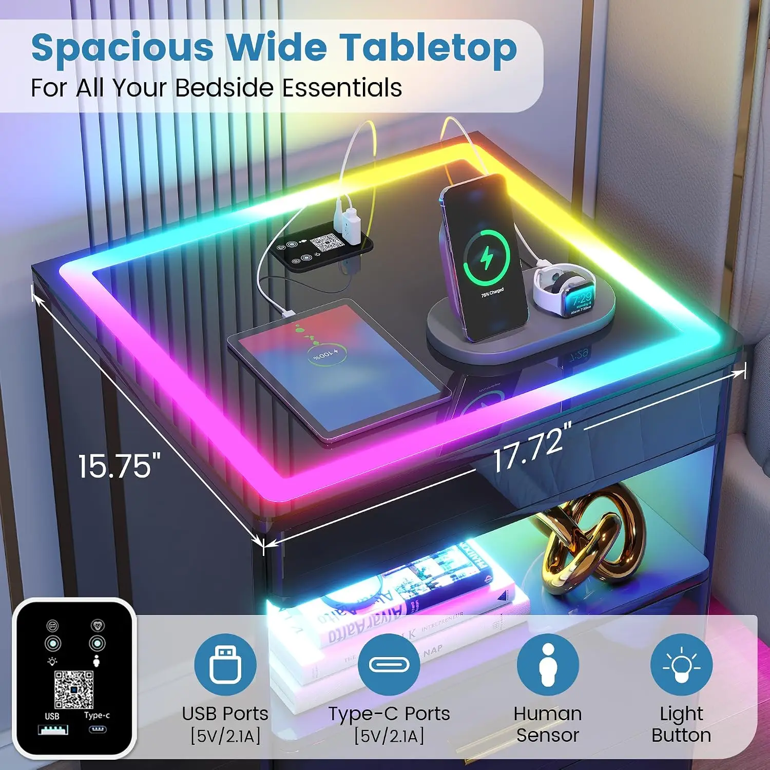 Glass Top Smart Nightstand RGB Light Human Body Induction Bedroom Side Table, Customized