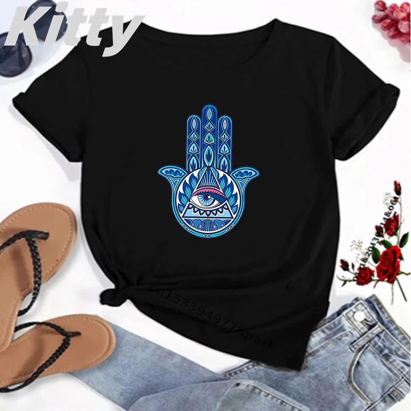 Hamsa Fatima Printed Women's T-Shirt Summer Fashion Short Sleeve Unisex Top Tees Hamsa Casual O Neck High Quality T-Shirt Female