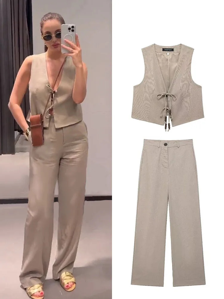 Damski komplet HH, 2-częściowy, elegancki, sznurowany, z koralikami, dekolt w serek, bez rękawów, codzienna bluzka typu vest + luźne spodnie z wysokim stanem i szerokimi nogawkami, z jednolitą kolorystyką i bocznymi kieszeniami.