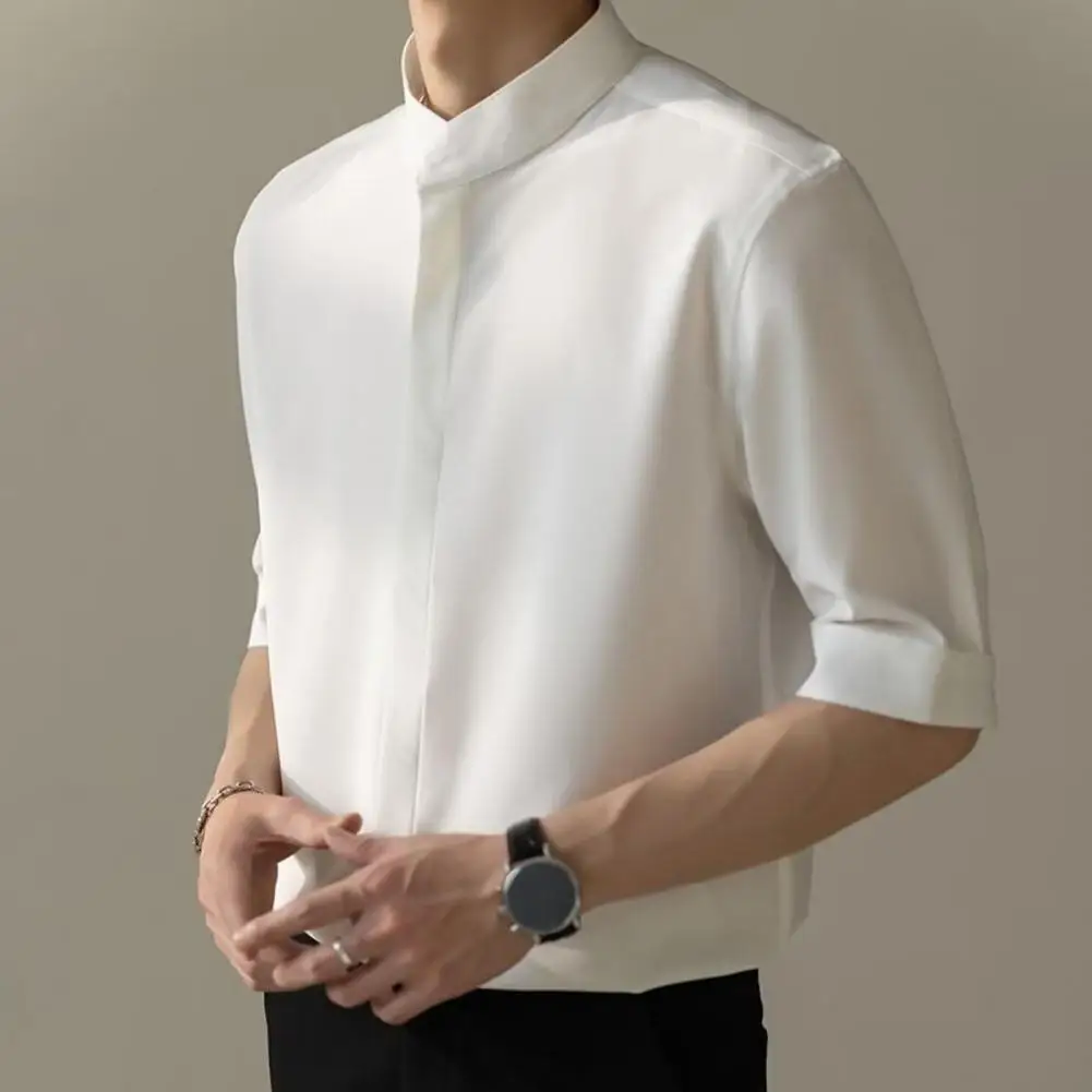 

Men Solid Color Shirt Soft Breathable Cardigan Men's Shirt Stand Collar Slim Fit Business Style for Office Commute 3 Years