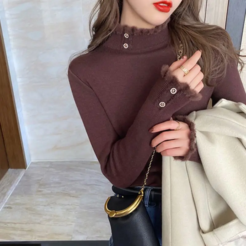 Women Autumn Winter New Half High Collar Bottom Knit Fleece Thickened Fashion Diamonds Sweater Warm Versatile Long Sleeved Tops