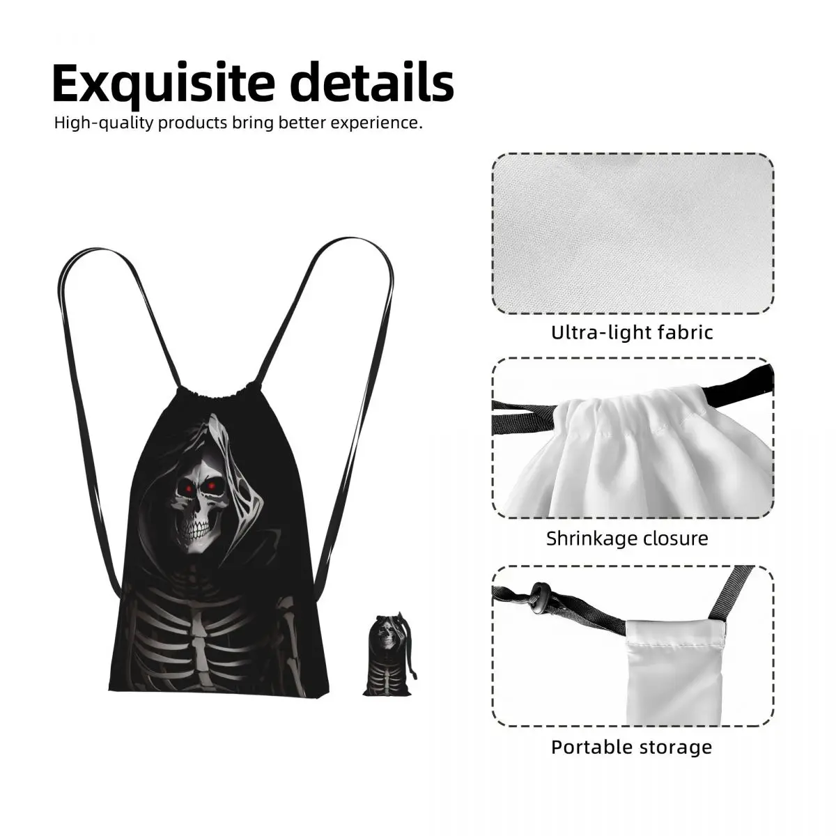 A Creepy Halloween Skeleton Skull Drawstring Backpack hiking cycling Bag Portable Travel Drawstring Bag for Men Women